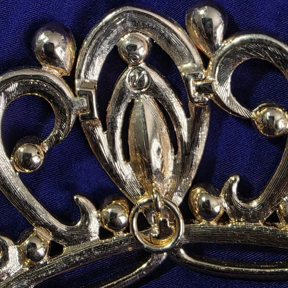 Vintage Swarovski Crystal Crown Tiara Gold Tone Faux Pearls Princess Prom Bride